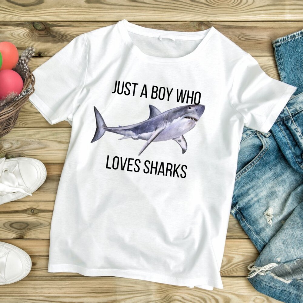 Handmade NWT Just a Boy Who Loves Sharks | Kids White Graphic Tee (XS-XL)